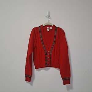 Vintage Knit Buttondown Cardigan Red Plaid Small